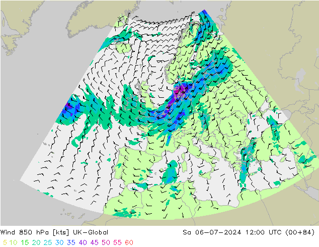 风 850 hPa UK-Global 星期六 06.07.2024 12 UTC
