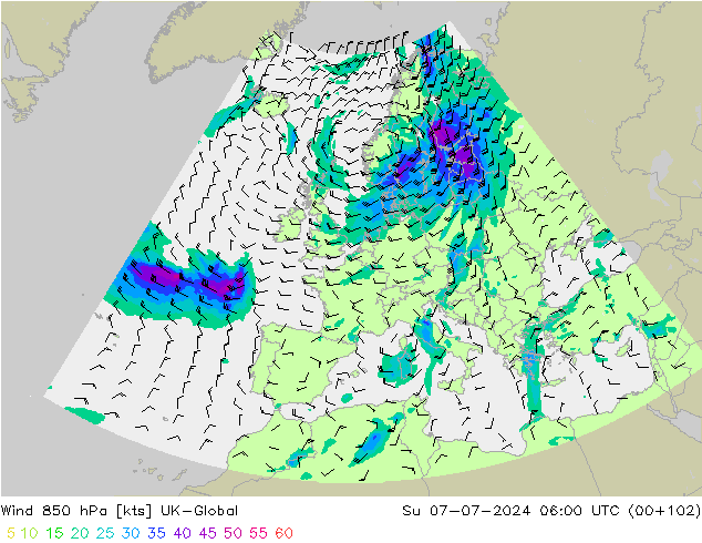 Wind 850 hPa UK-Global zo 07.07.2024 06 UTC