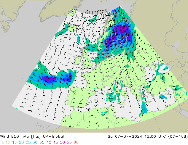 Wind 850 hPa UK-Global zo 07.07.2024 12 UTC