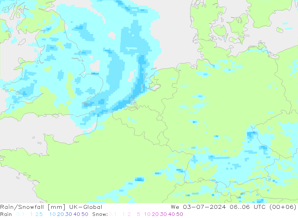 Regen/Sneeuwval UK-Global wo 03.07.2024 06 UTC