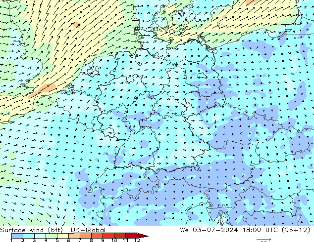 Wind 10 m (bft) UK-Global wo 03.07.2024 18 UTC