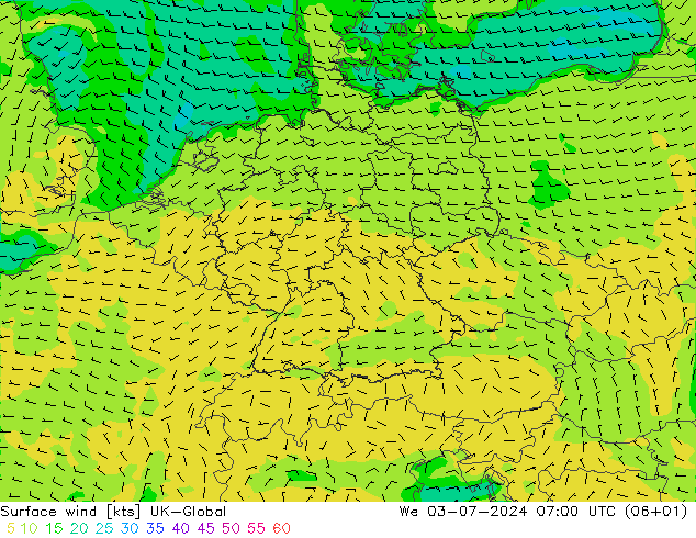 风 10 米 UK-Global 星期三 03.07.2024 07 UTC