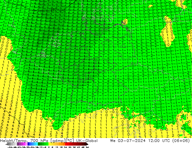 Hoogte/Temp. 700 hPa UK-Global wo 03.07.2024 12 UTC