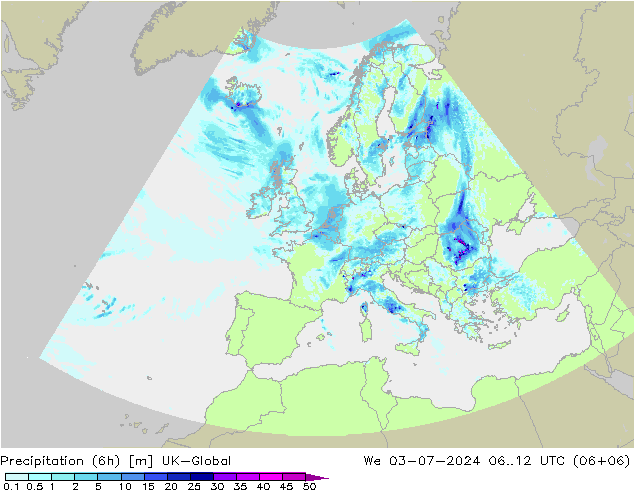 降水量 (6h) UK-Global 星期三 03.07.2024 12 UTC