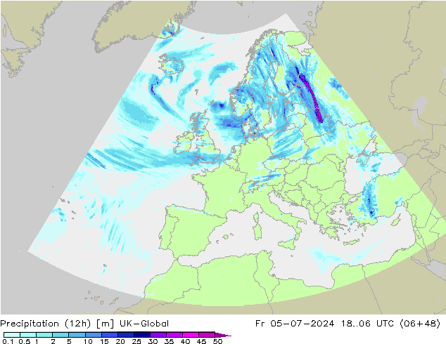 Totale neerslag (12h) UK-Global vr 05.07.2024 06 UTC