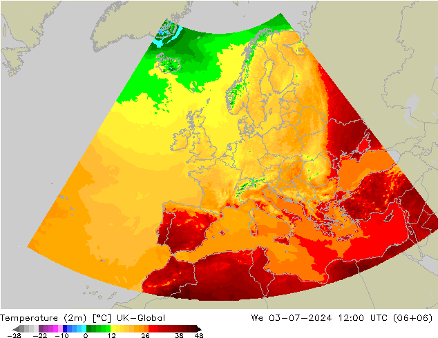 Temperatuurkaart (2m) UK-Global wo 03.07.2024 12 UTC