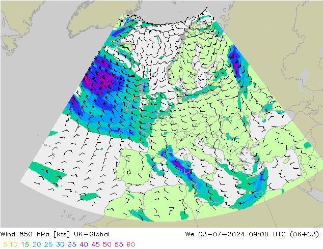 Wind 850 hPa UK-Global wo 03.07.2024 09 UTC