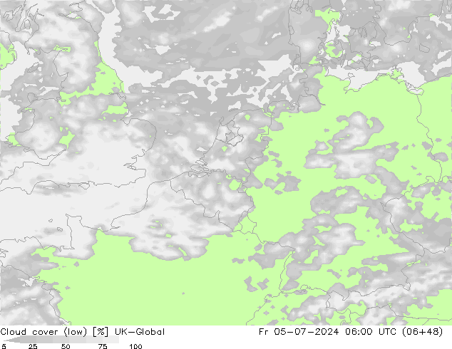 Bewolking (Laag) UK-Global vr 05.07.2024 06 UTC