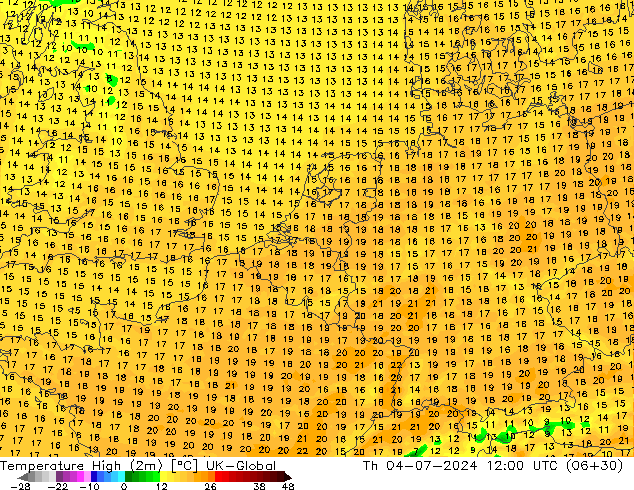 Max.temperatuur (2m) UK-Global do 04.07.2024 12 UTC