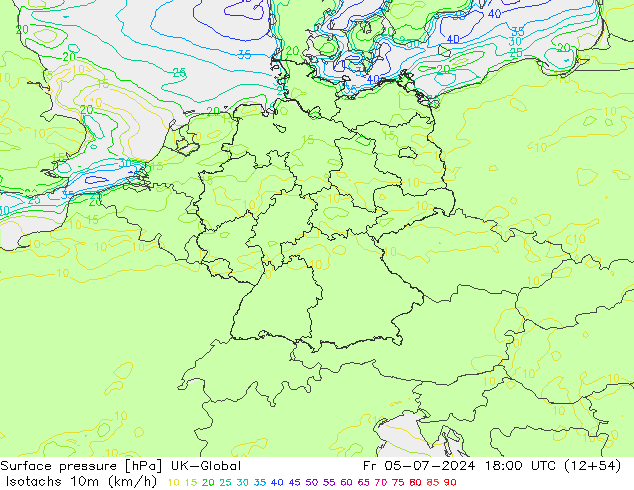 Isotachen (km/h) UK-Global vr 05.07.2024 18 UTC