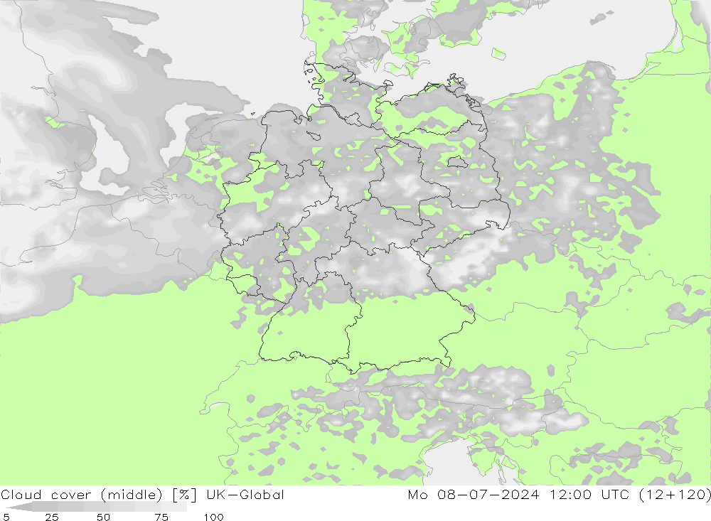 Bewolking (Middelb.) UK-Global ma 08.07.2024 12 UTC