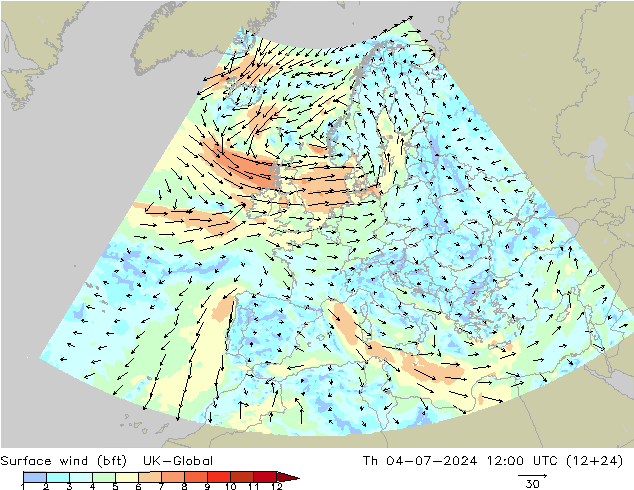 Wind 10 m (bft) UK-Global do 04.07.2024 12 UTC