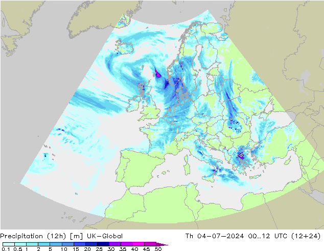 降水量 (12h) UK-Global 星期四 04.07.2024 12 UTC