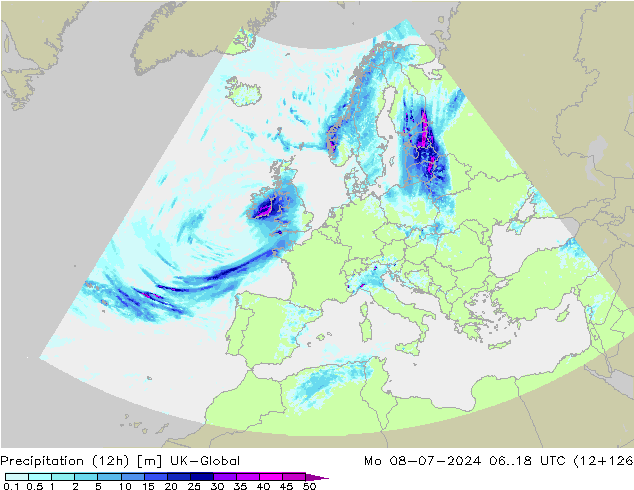 Totale neerslag (12h) UK-Global ma 08.07.2024 18 UTC