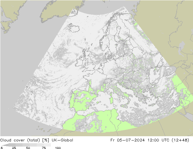 Bewolking (Totaal) UK-Global vr 05.07.2024 12 UTC