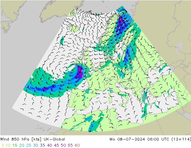风 850 hPa UK-Global 星期一 08.07.2024 06 UTC