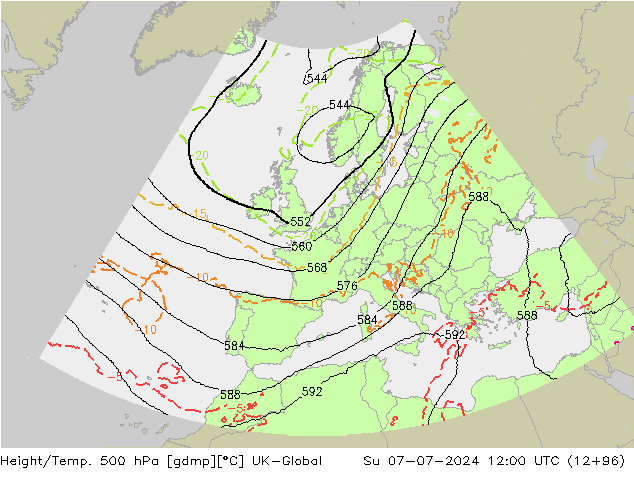 Hoogte/Temp. 500 hPa UK-Global zo 07.07.2024 12 UTC
