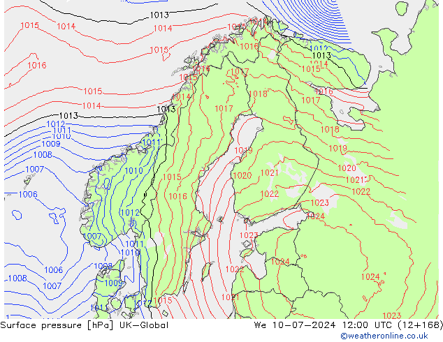 Luchtdruk (Grond) UK-Global wo 10.07.2024 12 UTC