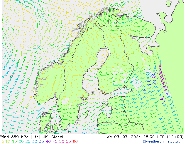 风 850 hPa UK-Global 星期三 03.07.2024 15 UTC
