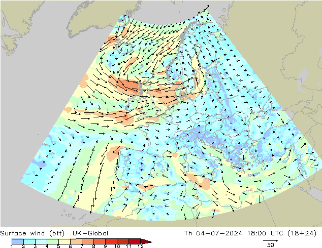 Wind 10 m (bft) UK-Global do 04.07.2024 18 UTC