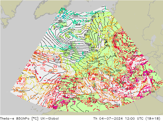 Theta-e 850hPa UK-Global 星期四 04.07.2024 12 UTC