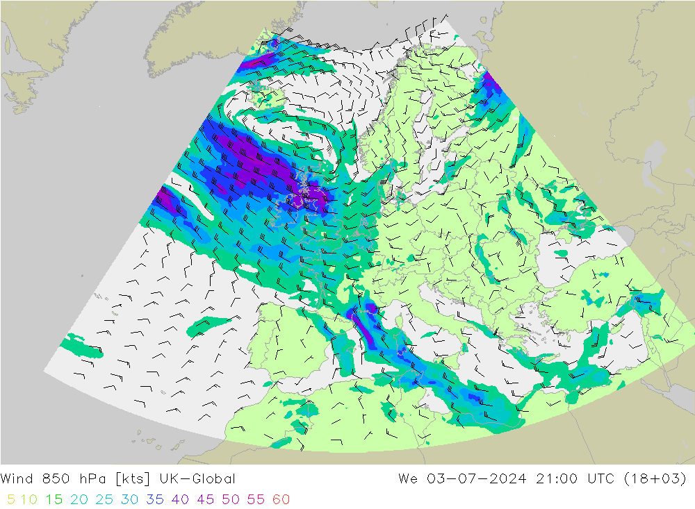 风 850 hPa UK-Global 星期三 03.07.2024 21 UTC