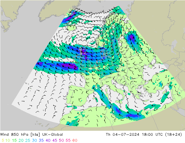 风 850 hPa UK-Global 星期四 04.07.2024 18 UTC