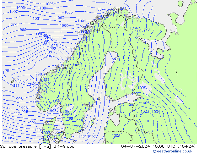 地面气压 UK-Global 星期四 04.07.2024 18 UTC