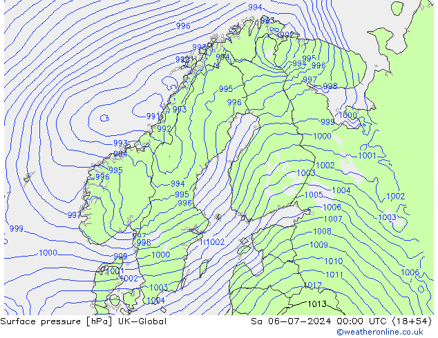 地面气压 UK-Global 星期六 06.07.2024 00 UTC
