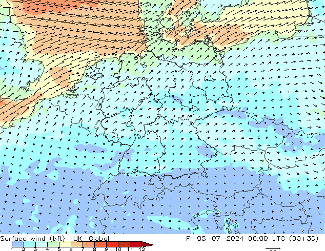 Wind 10 m (bft) UK-Global vr 05.07.2024 06 UTC