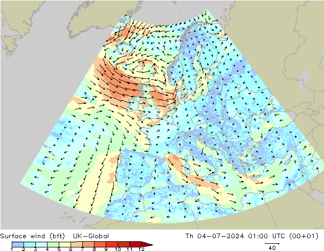 Wind 10 m (bft) UK-Global do 04.07.2024 01 UTC