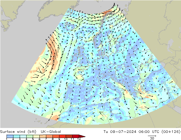 Wind 10 m (bft) UK-Global di 09.07.2024 06 UTC