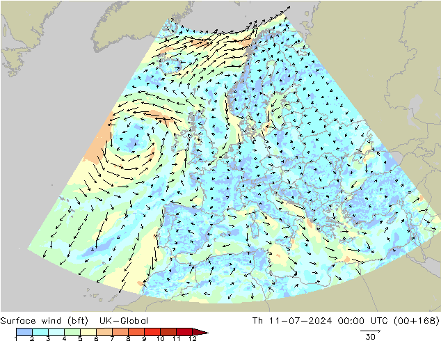 Wind 10 m (bft) UK-Global do 11.07.2024 00 UTC