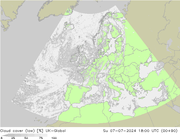 Bewolking (Laag) UK-Global zo 07.07.2024 18 UTC