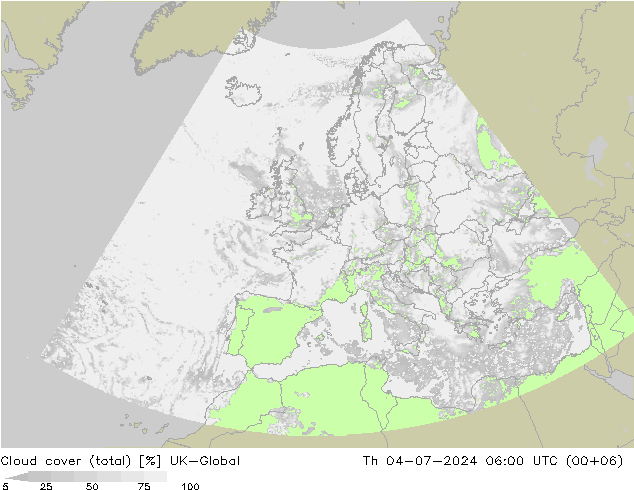 Bewolking (Totaal) UK-Global do 04.07.2024 06 UTC