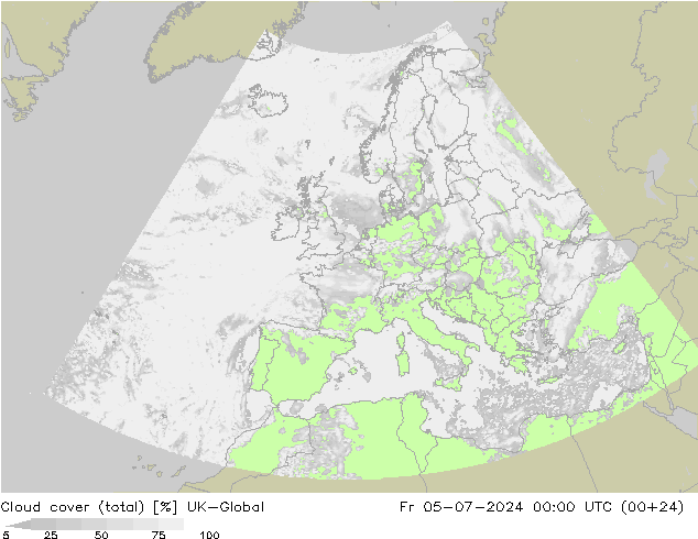 Bewolking (Totaal) UK-Global vr 05.07.2024 00 UTC