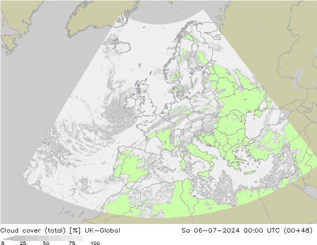 Bewolking (Totaal) UK-Global za 06.07.2024 00 UTC