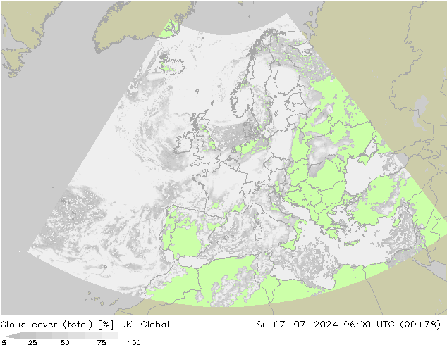 Bewolking (Totaal) UK-Global zo 07.07.2024 06 UTC