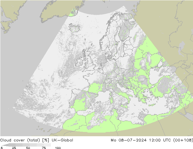 Bewolking (Totaal) UK-Global ma 08.07.2024 12 UTC