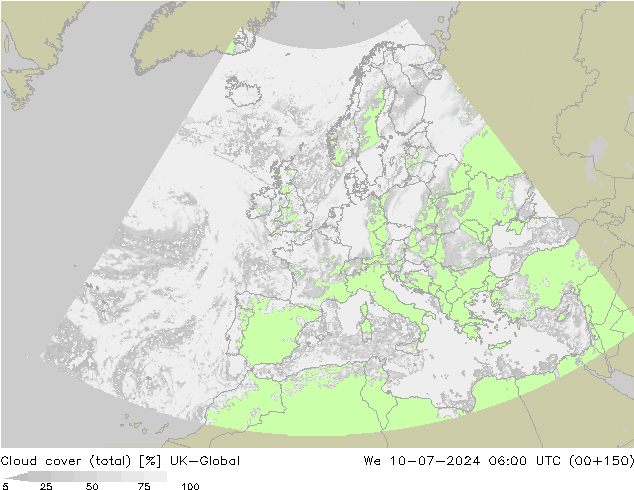 Bewolking (Totaal) UK-Global wo 10.07.2024 06 UTC