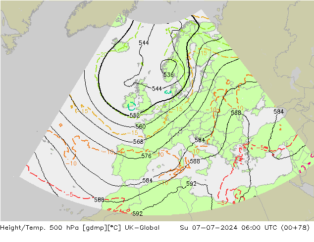 Height/Temp. 500 hPa UK-Global 星期日 07.07.2024 06 UTC