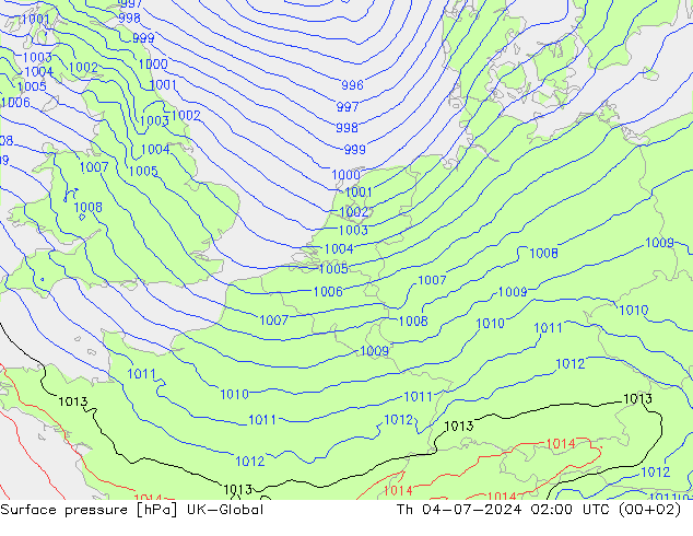 地面气压 UK-Global 星期四 04.07.2024 02 UTC