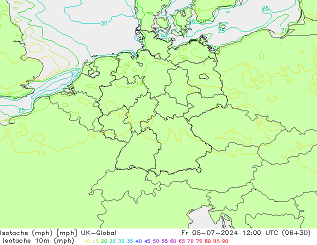 Isotachen (mph) UK-Global vr 05.07.2024 12 UTC
