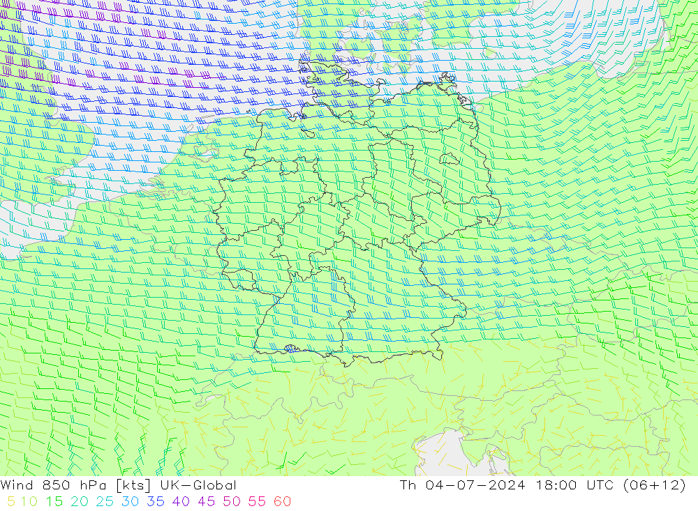 风 850 hPa UK-Global 星期四 04.07.2024 18 UTC