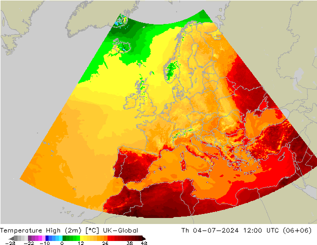 Max.temperatuur (2m) UK-Global do 04.07.2024 12 UTC
