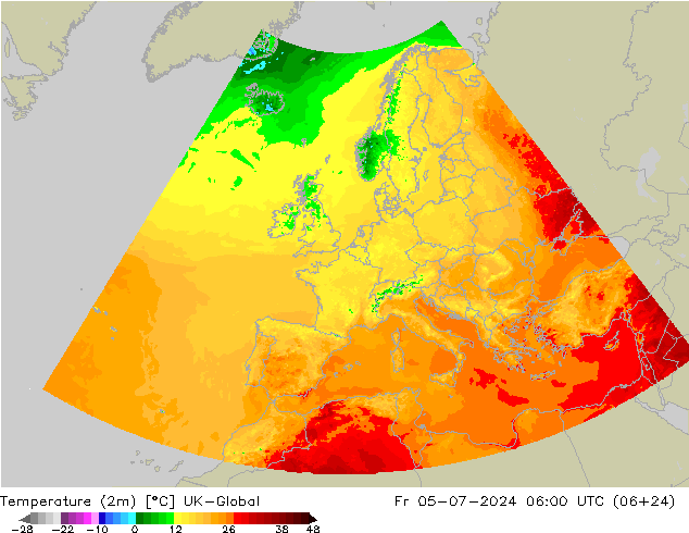 Temperatuurkaart (2m) UK-Global vr 05.07.2024 06 UTC