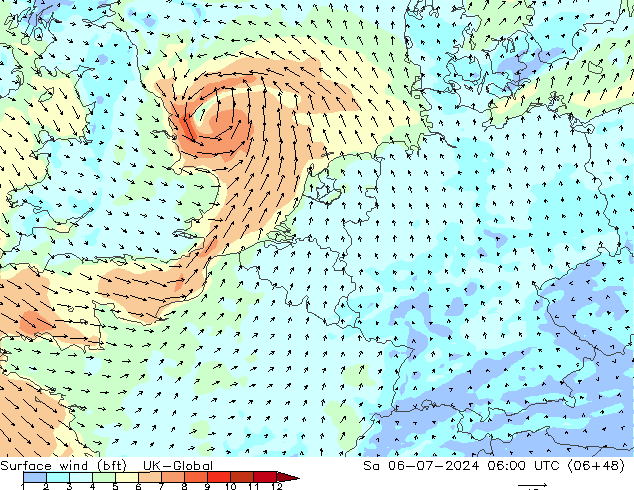 Wind 10 m (bft) UK-Global za 06.07.2024 06 UTC
