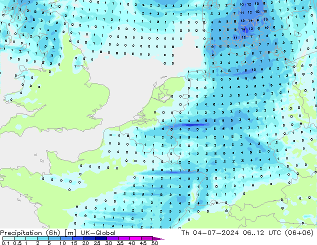 降水量 (6h) UK-Global 星期四 04.07.2024 12 UTC