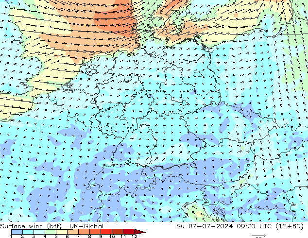 Wind 10 m (bft) UK-Global zo 07.07.2024 00 UTC