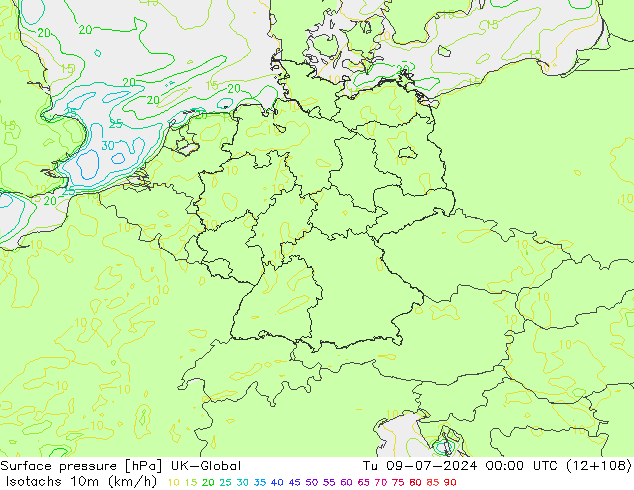 Isotachen (km/h) UK-Global di 09.07.2024 00 UTC